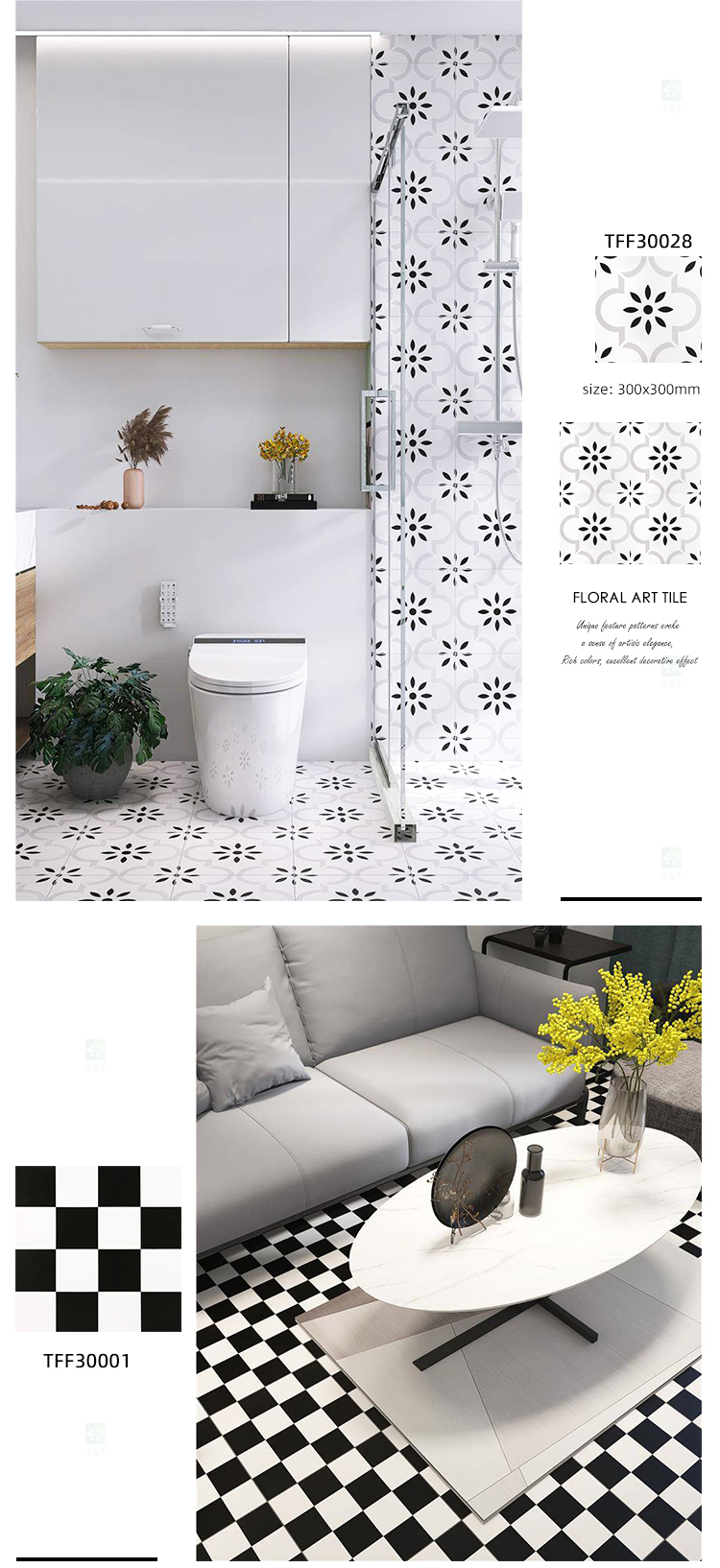 Factory Direct Black and White 300x300 Art Design Anti-slip Matte Kitchen Hotel Bathroom Toilet Balcony Wall Floor Tiles