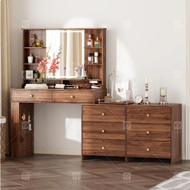 Modern Solid Wood LED-Lighted Vanity Dressing Table with Side Lights Mirror for Apartment Bathroom and Hotel Use