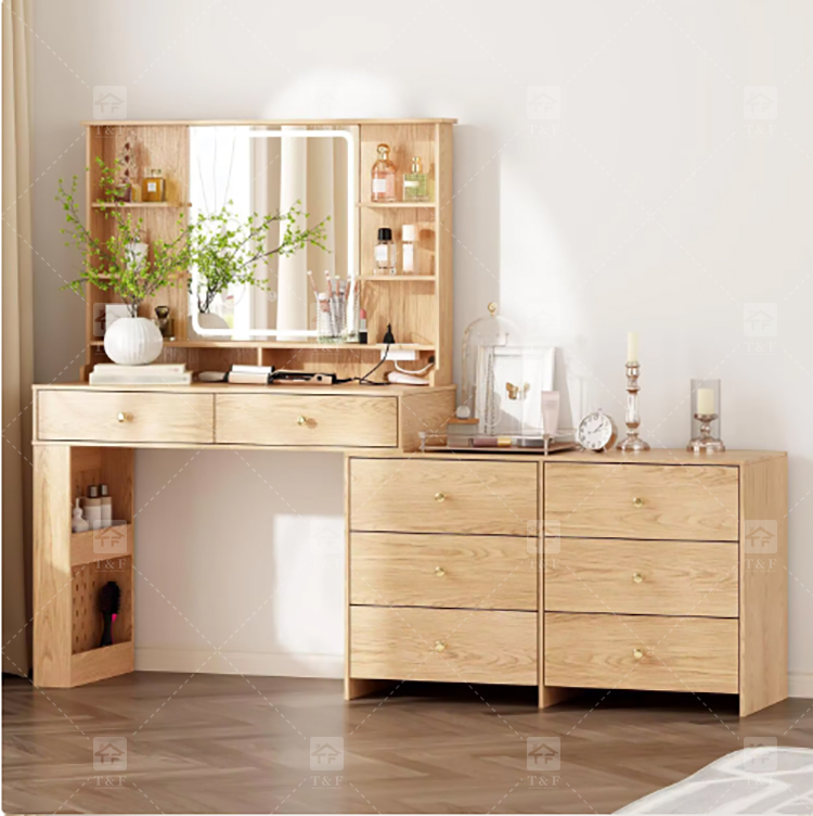 Modern Solid Wood LED-Lighted Vanity Dressing Table with Side Lights Mirror for Apartment Bathroom and Hotel Use