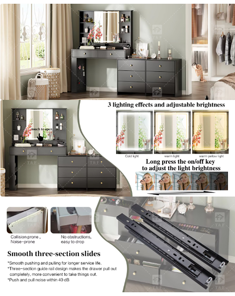Modern Solid Wood LED-Lighted Vanity Dressing Table with Side Lights Mirror for Apartment Bathroom and Hotel Use