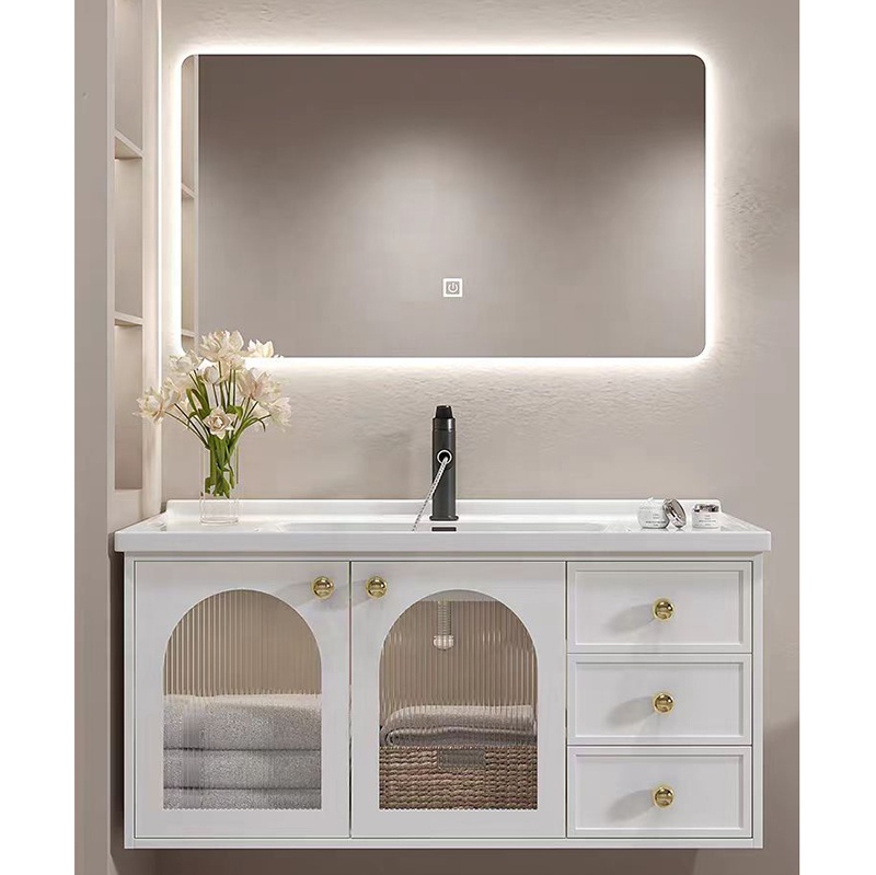 Modern French White Bathroom Vanity Combo with Integrated Ceramic Basin Sink and Smart Mirror Cabinet Vanity Con Luz Led