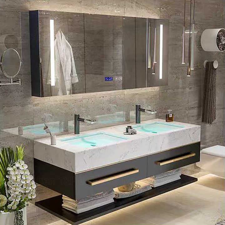 Hot Selling Bathroom Washbasin Cabinet Vanity Set With Smart Lighted Mirror and Sintered Stone Sink
