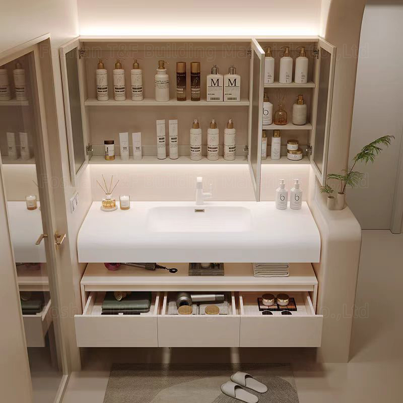 New Creamy Style Skin-feel Artificial Stone Integrated Wash Basin Cabinet Wall Floating Bathroom Vanity Set With Smart Mirror