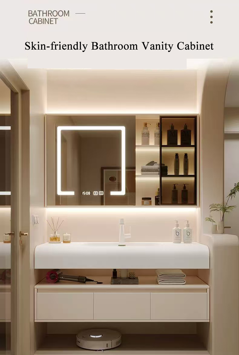 New Creamy Style Skin-feel Artificial Stone Integrated Wash Basin Cabinet Wall Floating Bathroom Vanity Set With Smart Mirror