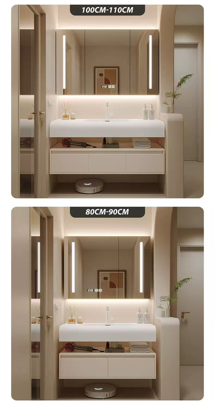 New Creamy Style Skin-feel Artificial Stone Integrated Wash Basin Cabinet Wall Floating Bathroom Vanity Set With Smart Mirror