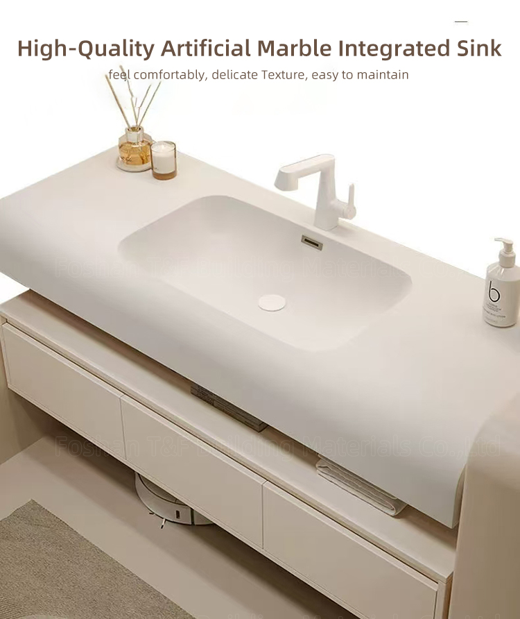 New Creamy Style Skin-feel Artificial Stone Integrated Wash Basin Cabinet Wall Floating Bathroom Vanity Set With Smart Mirror