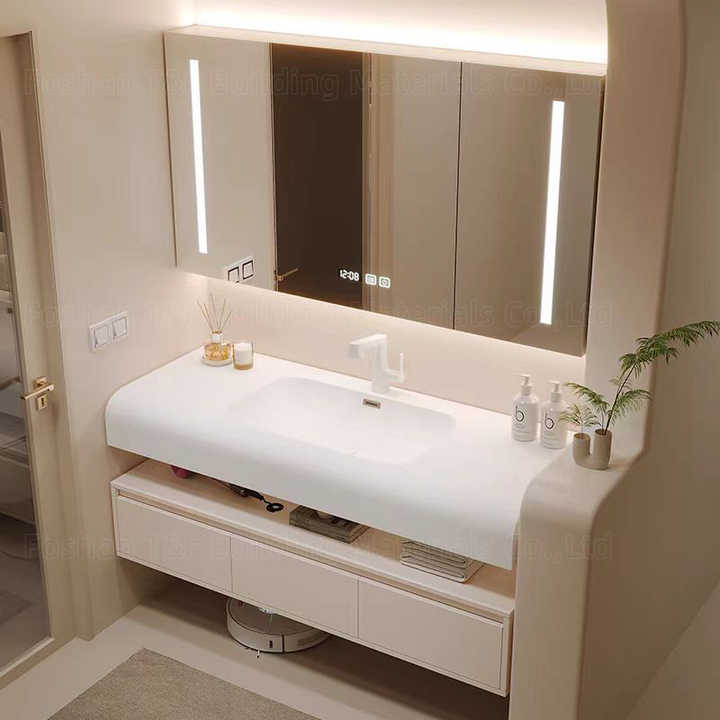 New Creamy Style Skin-feel Artificial Stone Integrated Wash Basin Cabinet Wall Floating Bathroom Vanity Set With Smart Mirror