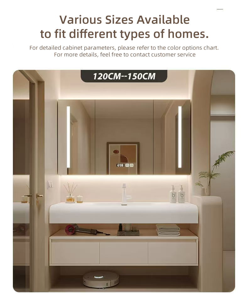 New Creamy Style Skin-feel Artificial Stone Integrated Wash Basin Cabinet Wall Floating Bathroom Vanity Set With Smart Mirror
