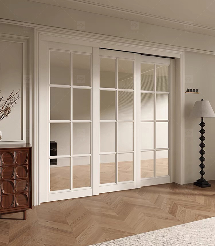 Hot Sale Classic Sliding Bedroom Door Simple Fashionable Design with Waterproof Solid Wood Clear Glass French Interior Style