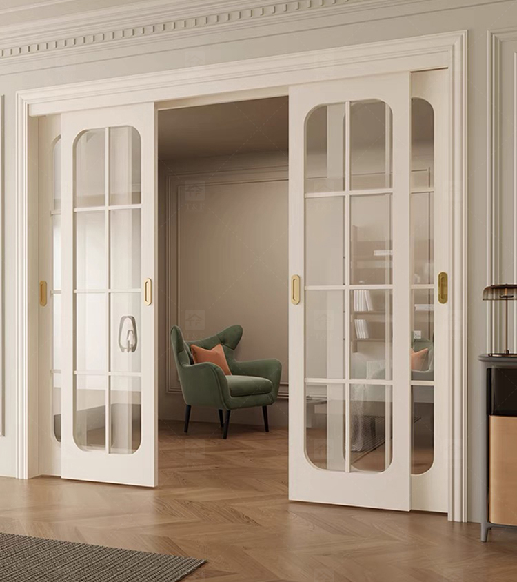 Hot Sale Classic Sliding Bedroom Door Simple Fashionable Design with Waterproof Solid Wood Clear Glass French Interior Style