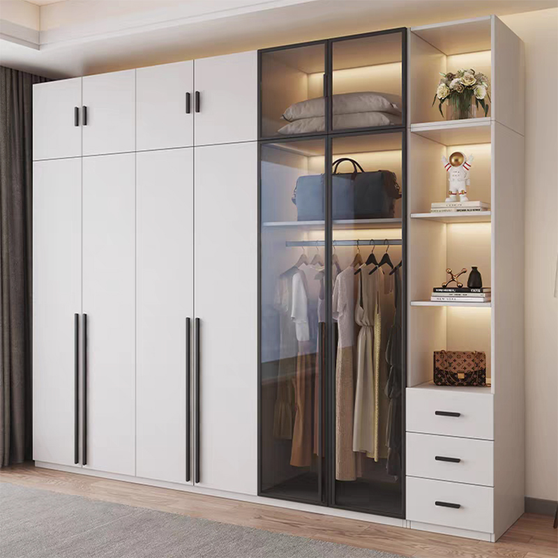 Modern Customized Bedroom Furniture Wooden Glass Door Swing Clothes Storage Wardrobe Cabinet