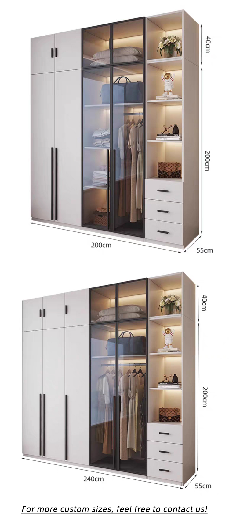 Modern Customized Bedroom Furniture Wooden Glass Door Swing Clothes Storage Wardrobe Cabinet