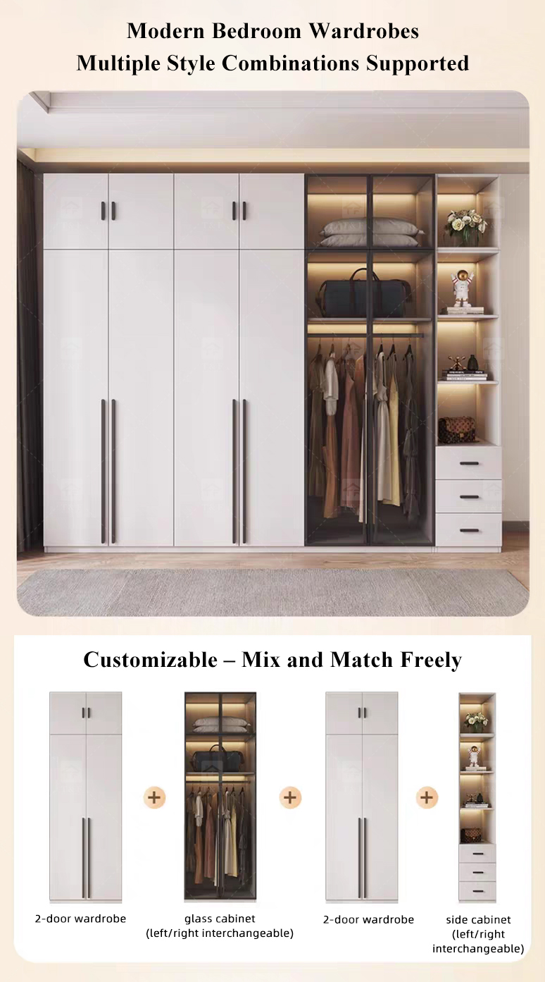 Modern Customized Bedroom Furniture Wooden Glass Door Swing Clothes Storage Wardrobe Cabinet