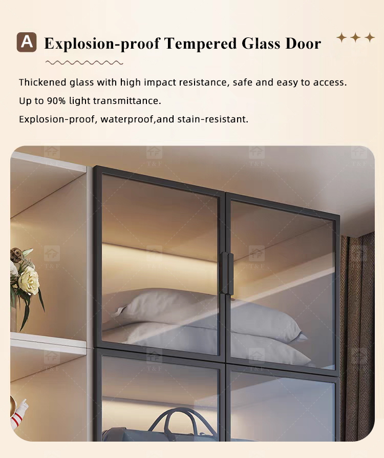 Modern Customized Bedroom Furniture Wooden Glass Door Swing Clothes Storage Wardrobe Cabinet