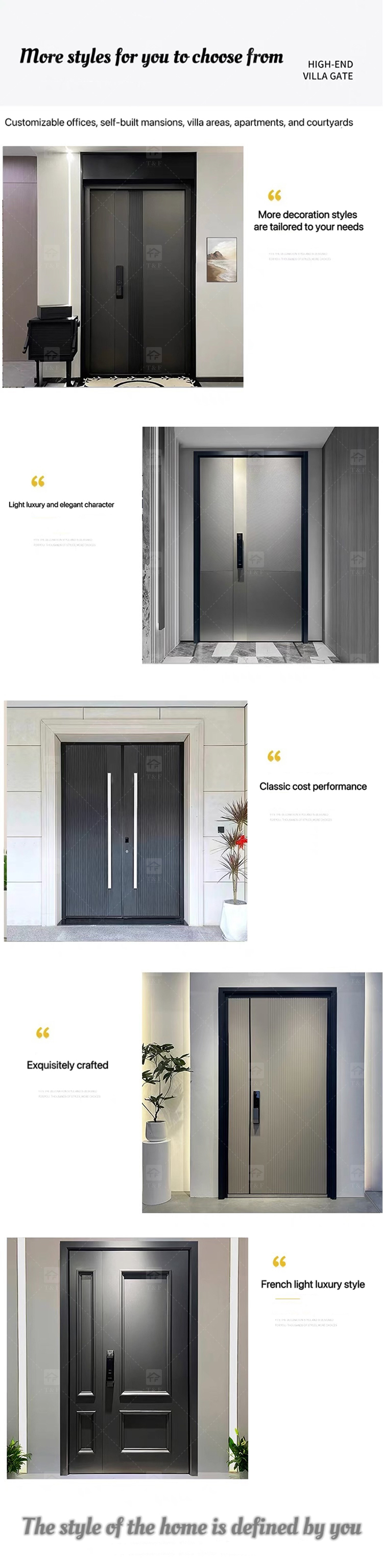 Modern French Style Metal Entry Security Front Door Waterproof Anti-Theft for Exterior Houses and Apartments