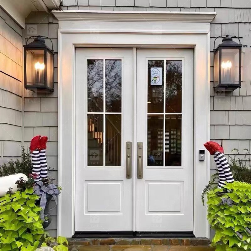 Modern Anti-Theft Double Layer Tempered Glass Front Main Entry Doors French Style Aluminum Alloy & Wood Black for Villas