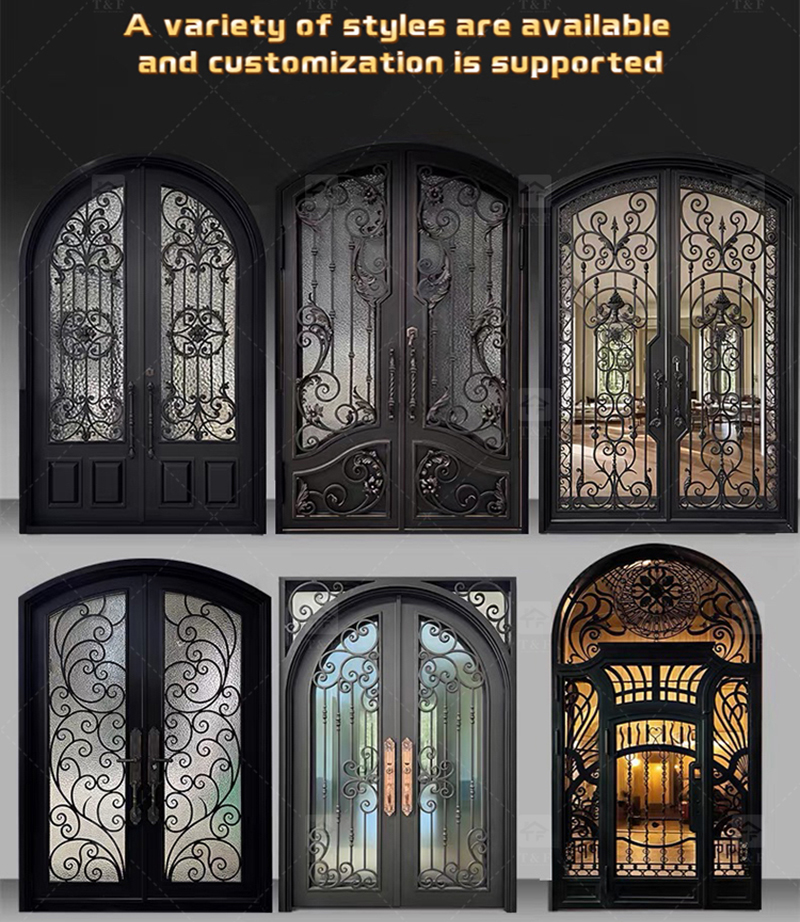 Modern Anti-Theft Double Layer Tempered Glass Front Main Entry Doors French Style Aluminum Alloy & Wood Black for Villas