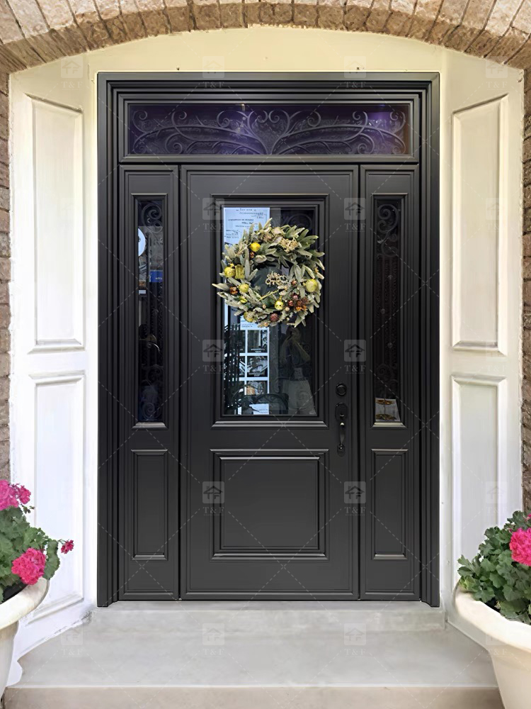 Modern Anti-Theft Double Layer Tempered Glass Front Main Entry Doors French Style Aluminum Alloy & Wood Black for Villas