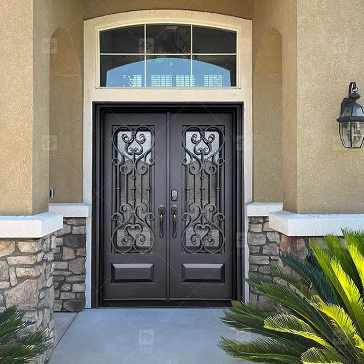 Modern Anti-Theft Double Layer Tempered Glass Front Main Entry Doors French Style Aluminum Alloy & Wood Black for Villas