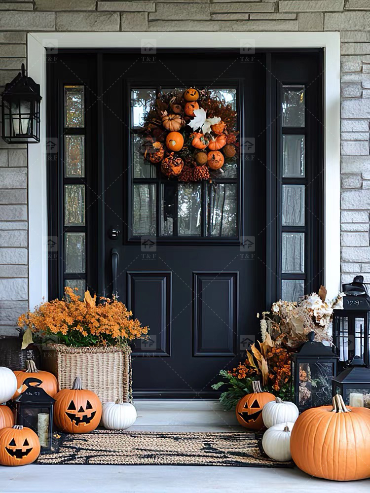 Modern Anti-Theft Double Layer Tempered Glass Front Main Entry Doors French Style Aluminum Alloy & Wood Black for Villas