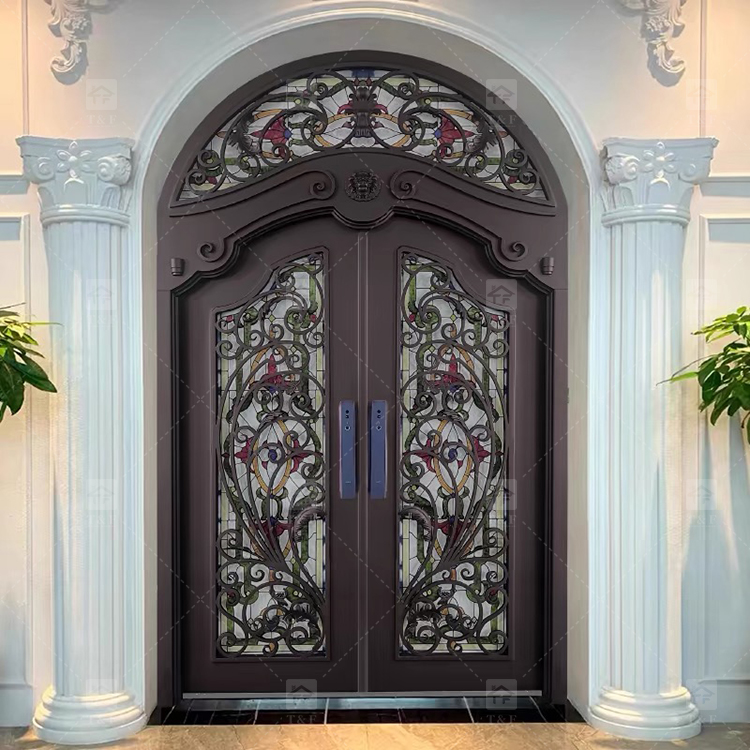 Modern Anti-Theft Double Layer Tempered Glass Front Main Entry Doors French Style Aluminum Alloy & Wood Black for Villas