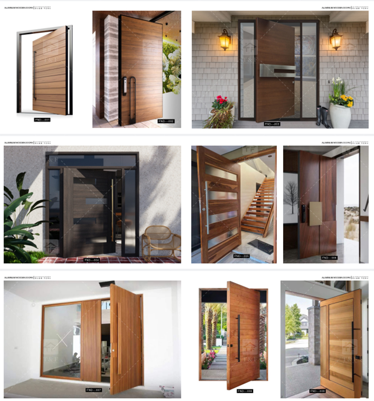 Modern Anti-Theft Double Layer Tempered Glass Front Main Entry Doors French Style Aluminum Alloy & Wood Black for Villas