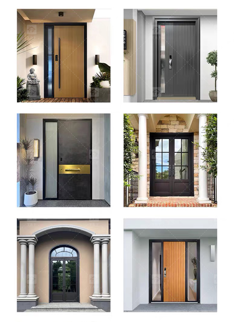 Modern Anti-Theft Double Layer Tempered Glass Front Main Entry Doors French Style Aluminum Alloy & Wood Black for Villas