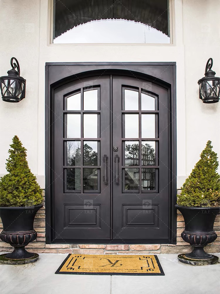 Modern Anti-Theft Double Layer Tempered Glass Front Main Entry Doors French Style Aluminum Alloy & Wood Black for Villas