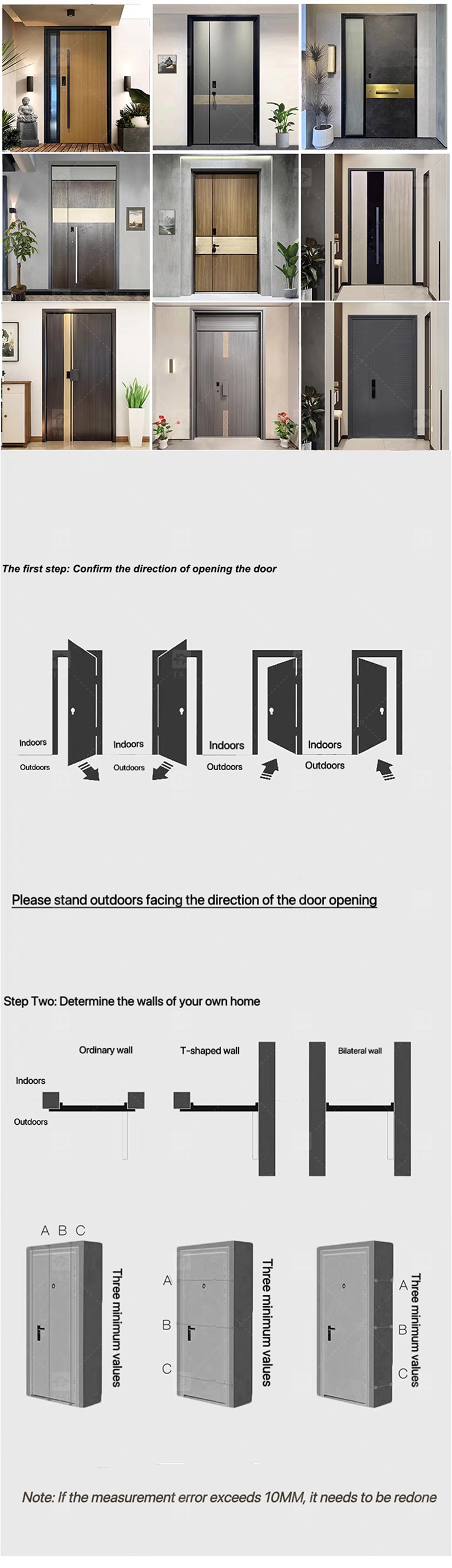 Modern Anti-Theft Double Layer Tempered Glass Front Main Entry Doors French Style Aluminum Alloy & Wood Black for Villas
