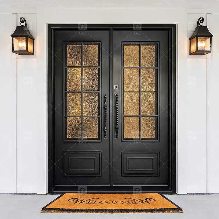 Modern Anti-Theft Double Layer Tempered Glass Front Main Entry Doors French Style Aluminum Alloy & Wood Black for Villas