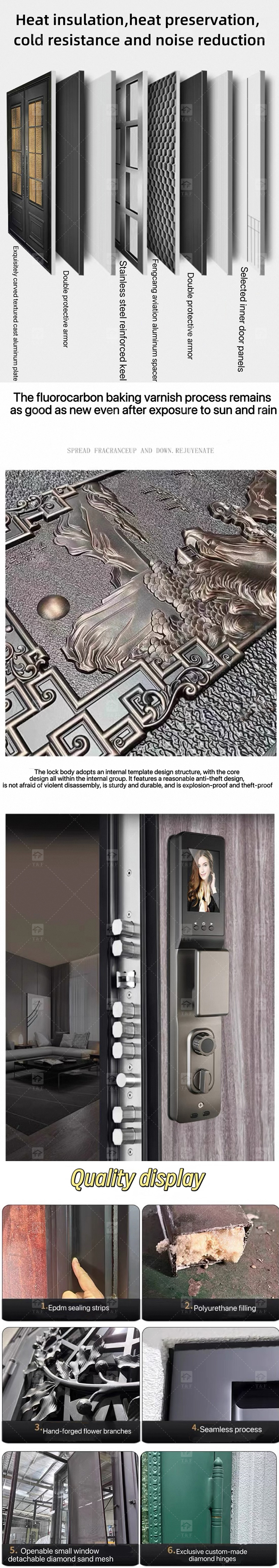 Modern Anti-Theft Double Layer Tempered Glass Front Main Entry Doors French Style Aluminum Alloy & Wood Black for Villas
