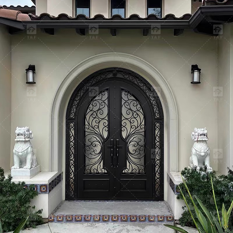 Modern Anti-Theft Double Layer Tempered Glass Front Main Entry Doors French Style Aluminum Alloy & Wood Black for Villas