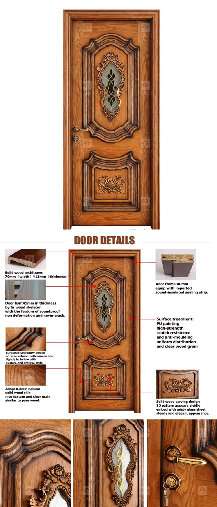 Modern Solid Wood Villa Door Hot Selling Interior Living and Bedroom Door with Carving Technique Finished Surface