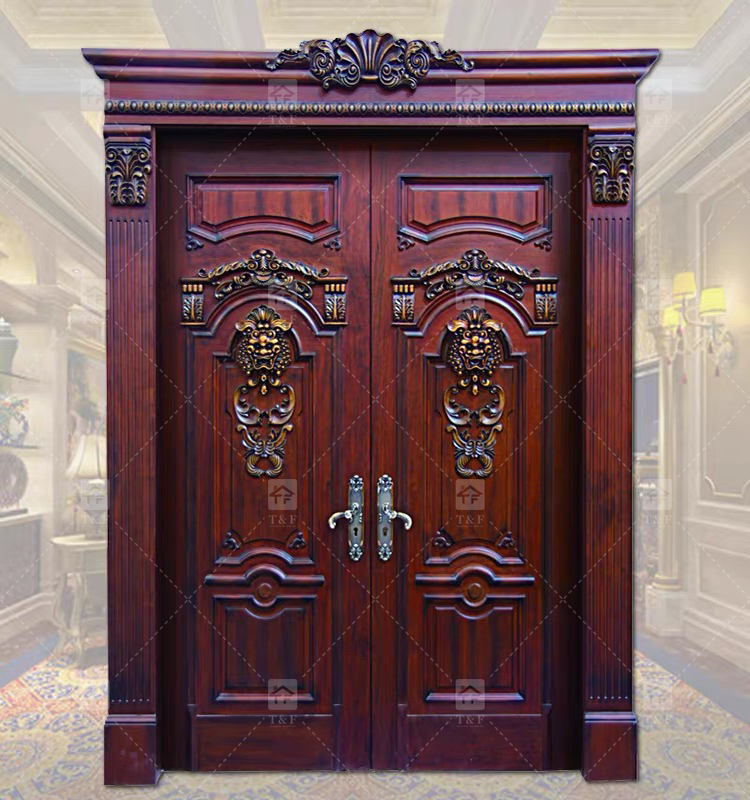 Modern Double Entry Wood Doors Solid Wood Carving Main Door with Waterproof Feature Finished Exterior Application
