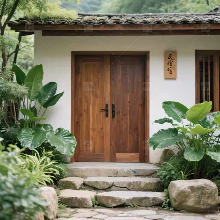 Modern Design Double Open Panel Wooden Front Entrance Door Villa External Security Swing Waterproof Feature Finished Surface