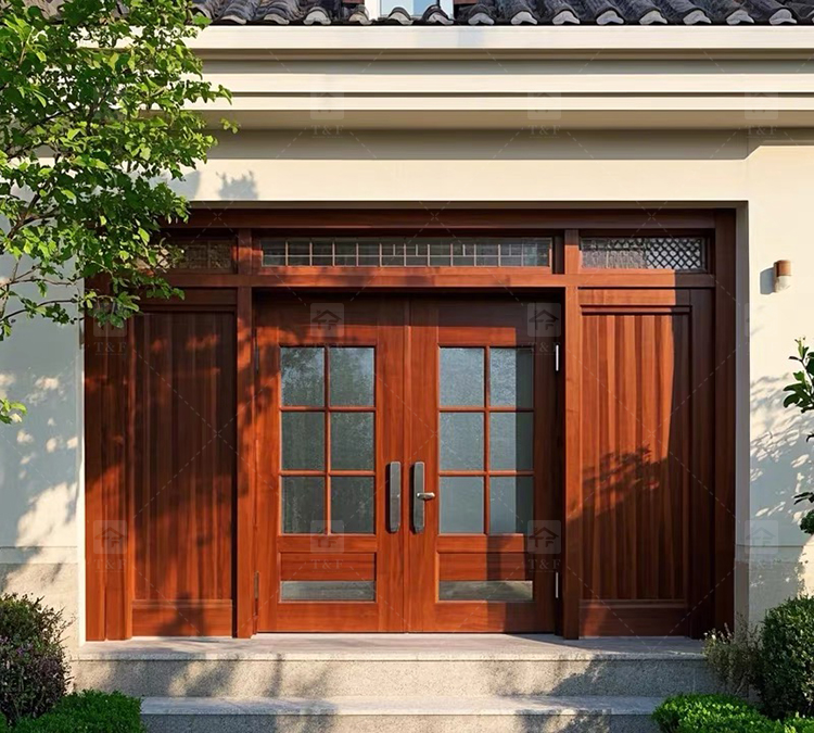 Modern Design Double Open Panel Wooden Front Entrance Door Villa External Security Swing Waterproof Feature Finished Surface