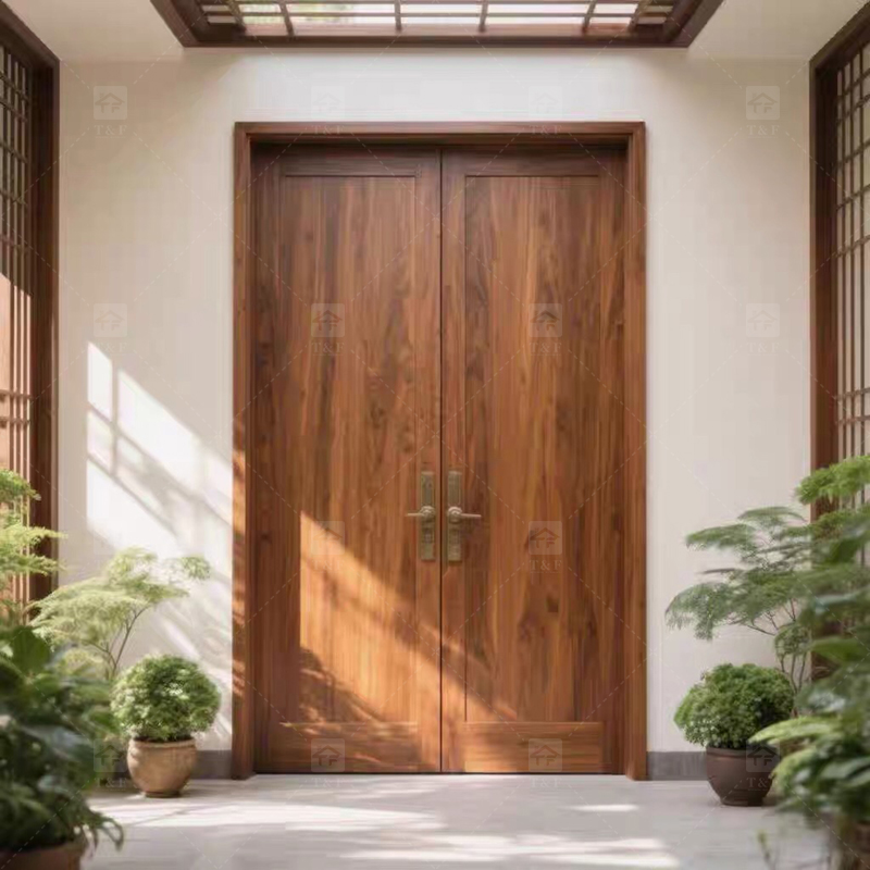 Modern Design Double Open Panel Wooden Front Entrance Door Villa External Security Swing Waterproof Feature Finished Surface