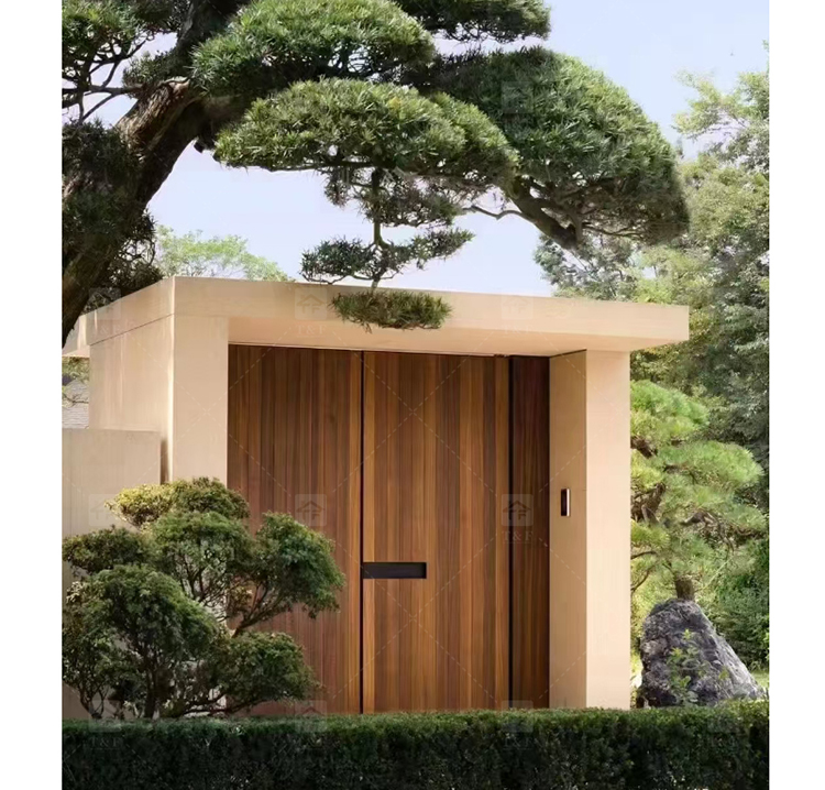 Modern Double Open Panel Design Finished Wooden Security Swing Front Entrance Door for Apartment Outdoor Use Villa Exterior