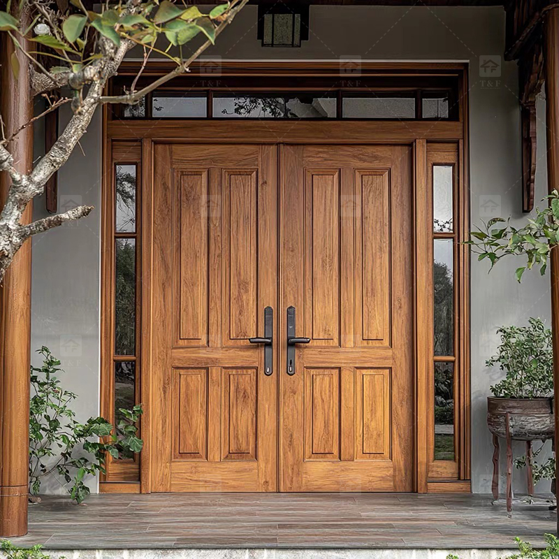 Modern Double Open Panel Design Finished Wooden Security Swing Front Entrance Door for Apartment Outdoor Use Villa Exterior