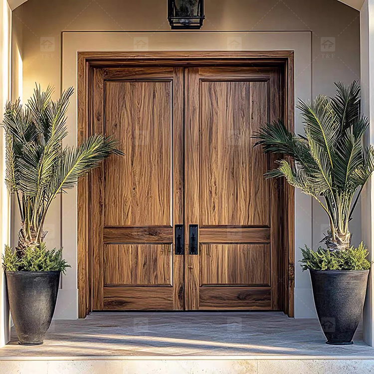 Modern Double Open Panel Design Finished Wooden Security Swing Front Entrance Door for Apartment Outdoor Use Villa Exterior