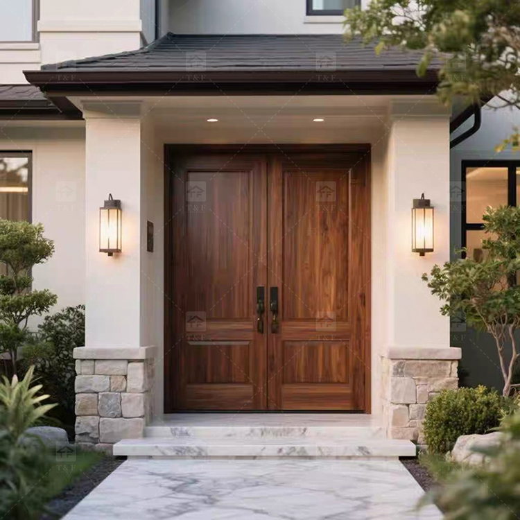 Modern Double Open Panel Design Finished Wooden Security Swing Front Entrance Door for Apartment Outdoor Use Villa Exterior