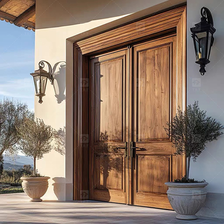 Modern Double Open Panel Design Finished Wooden Security Swing Front Entrance Door for Apartment Outdoor Use Villa Exterior