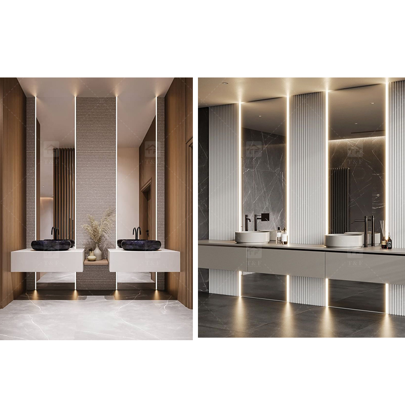 Custom Modern Luxury Hotel Floating Wood Bathroom Vanity Cabinet with Sintered Stone Top and Smart LED Mirror