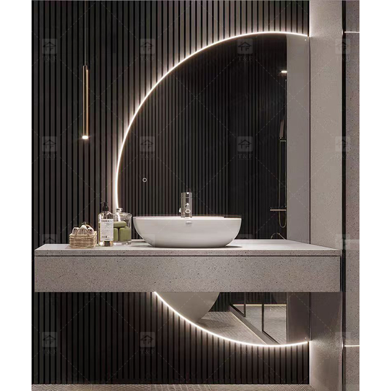 Custom Modern Luxury Hotel Floating Wood Bathroom Vanity Cabinet with Sintered Stone Top and Smart LED Mirror