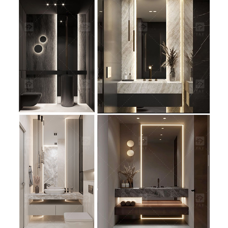Custom Modern Luxury Hotel Floating Wood Bathroom Vanity Cabinet with Sintered Stone Top and Smart LED Mirror