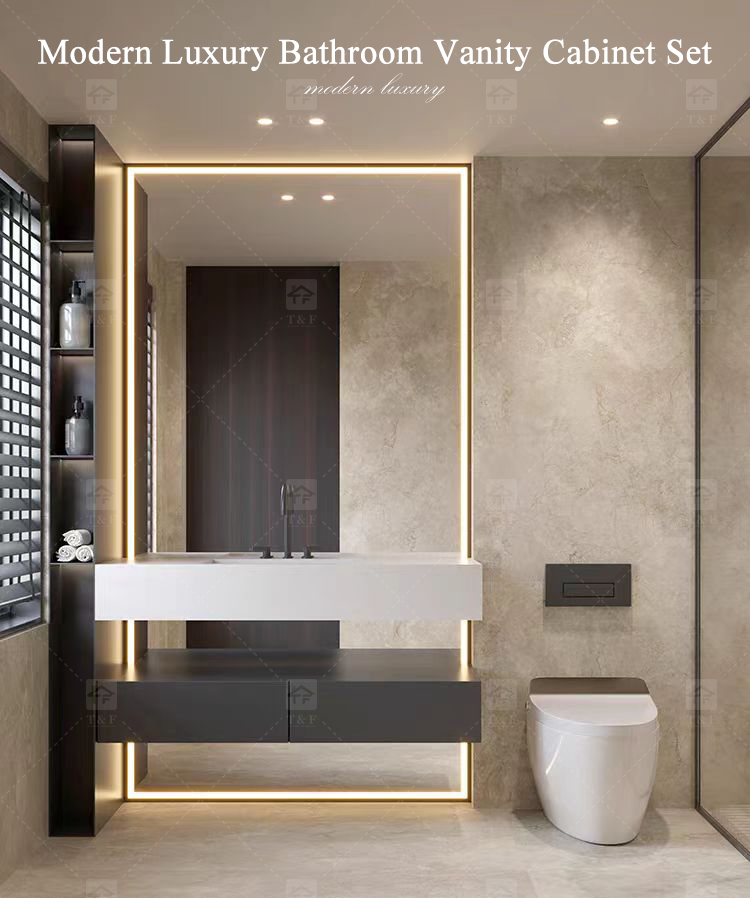Custom Modern Luxury Hotel Floating Wood Bathroom Vanity Cabinet with Sintered Stone Top and Smart LED Mirror