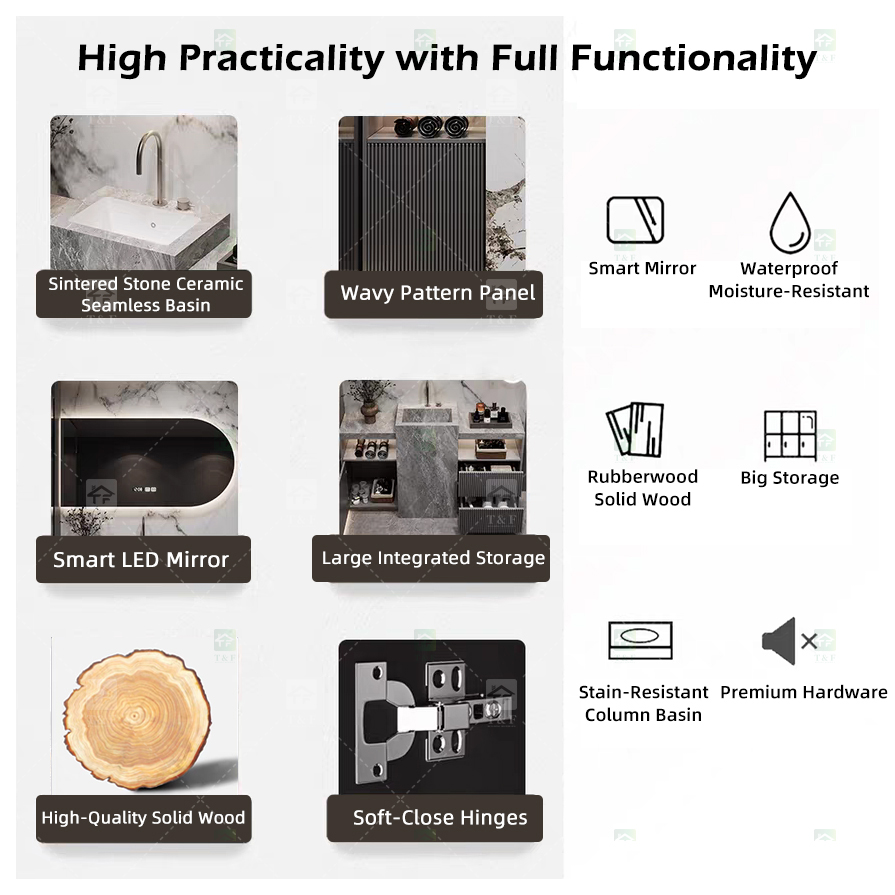 Modern Wall Mounted Wood Bathroom Vanity Cabinet with Smart LED Mirror and Floor Standing Pedestal Basin