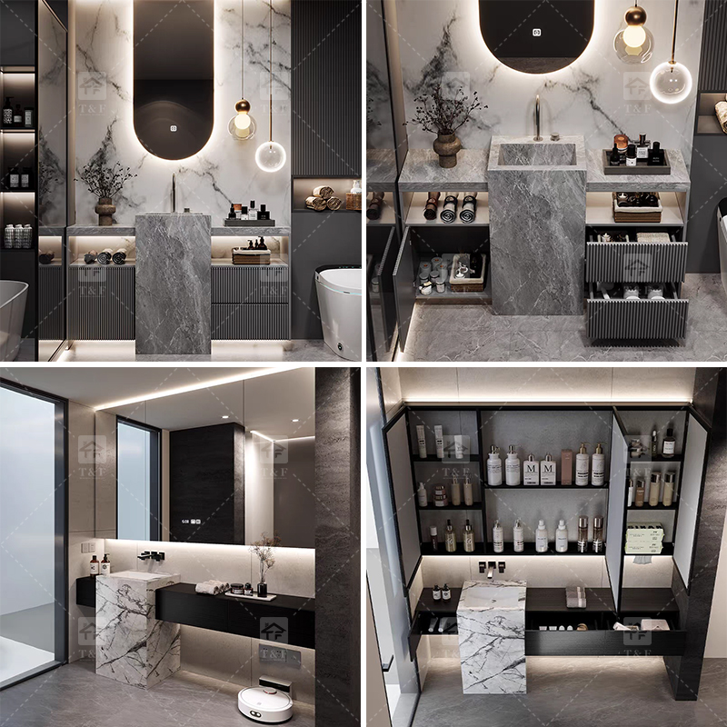 Modern Wall Mounted Wood Bathroom Vanity Cabinet with Smart LED Mirror and Floor Standing Pedestal Basin