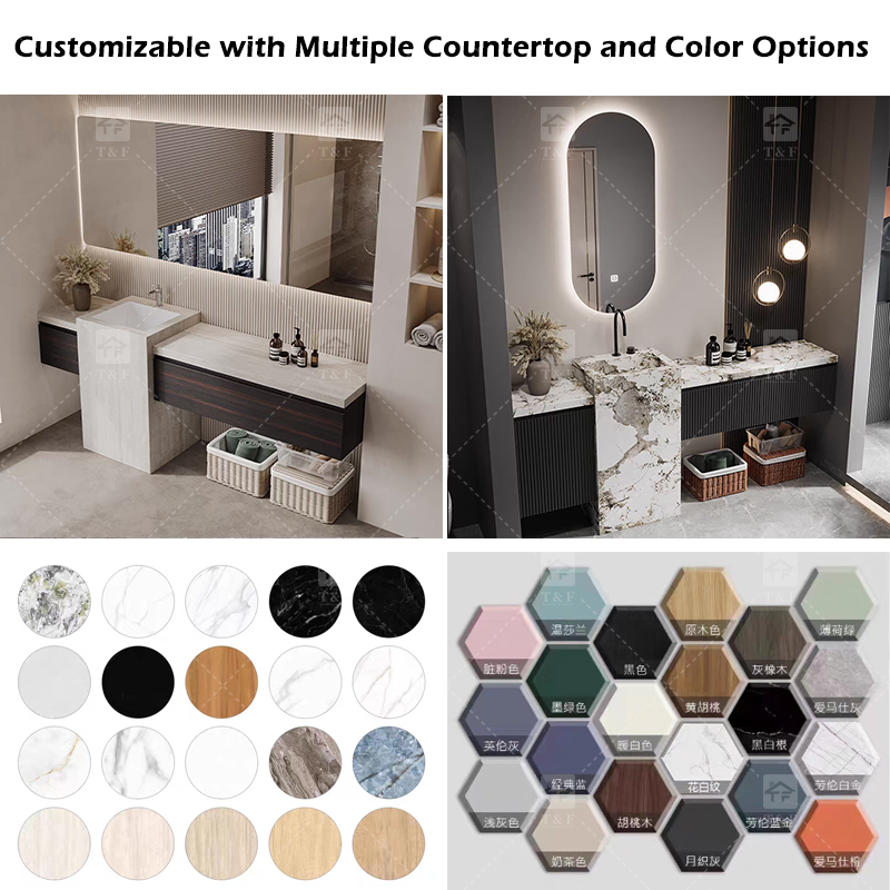 Modern Wall Mounted Wood Bathroom Vanity Cabinet with Smart LED Mirror and Floor Standing Pedestal Basin