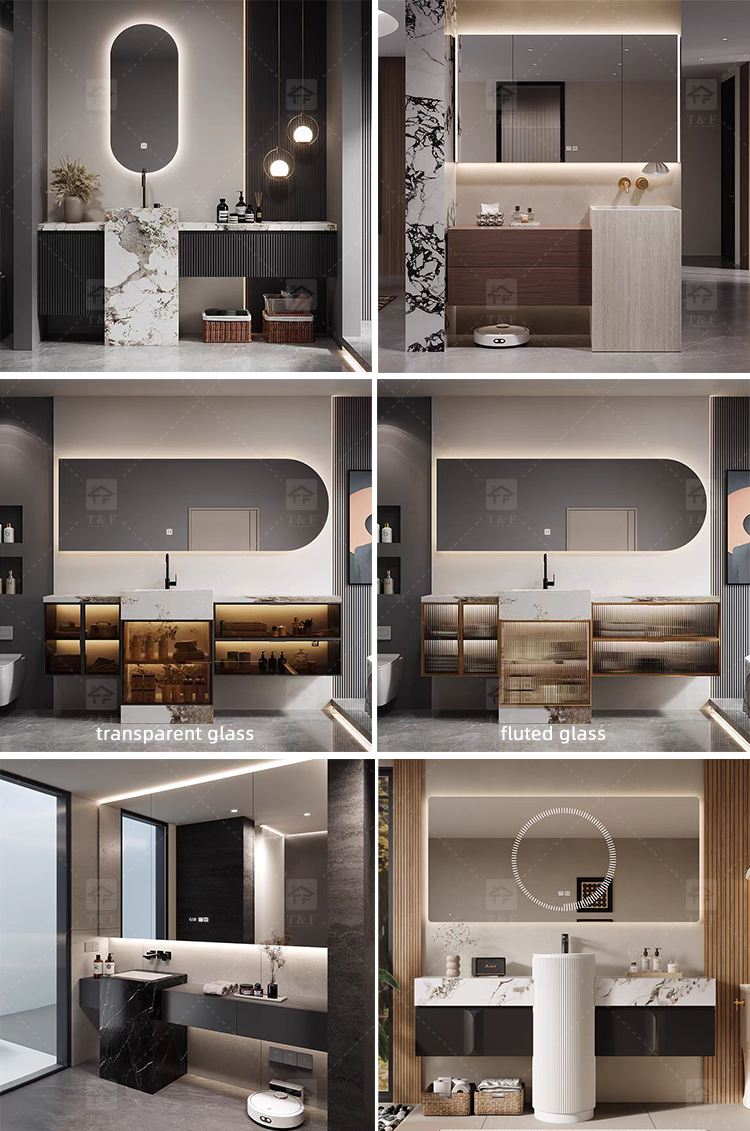 Modern Wall Mounted Wood Bathroom Vanity Cabinet with Smart LED Mirror and Floor Standing Pedestal Basin